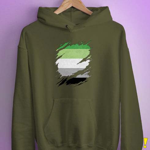 Aromantic Pride Flag Ripped Reveal Hoodie - Army